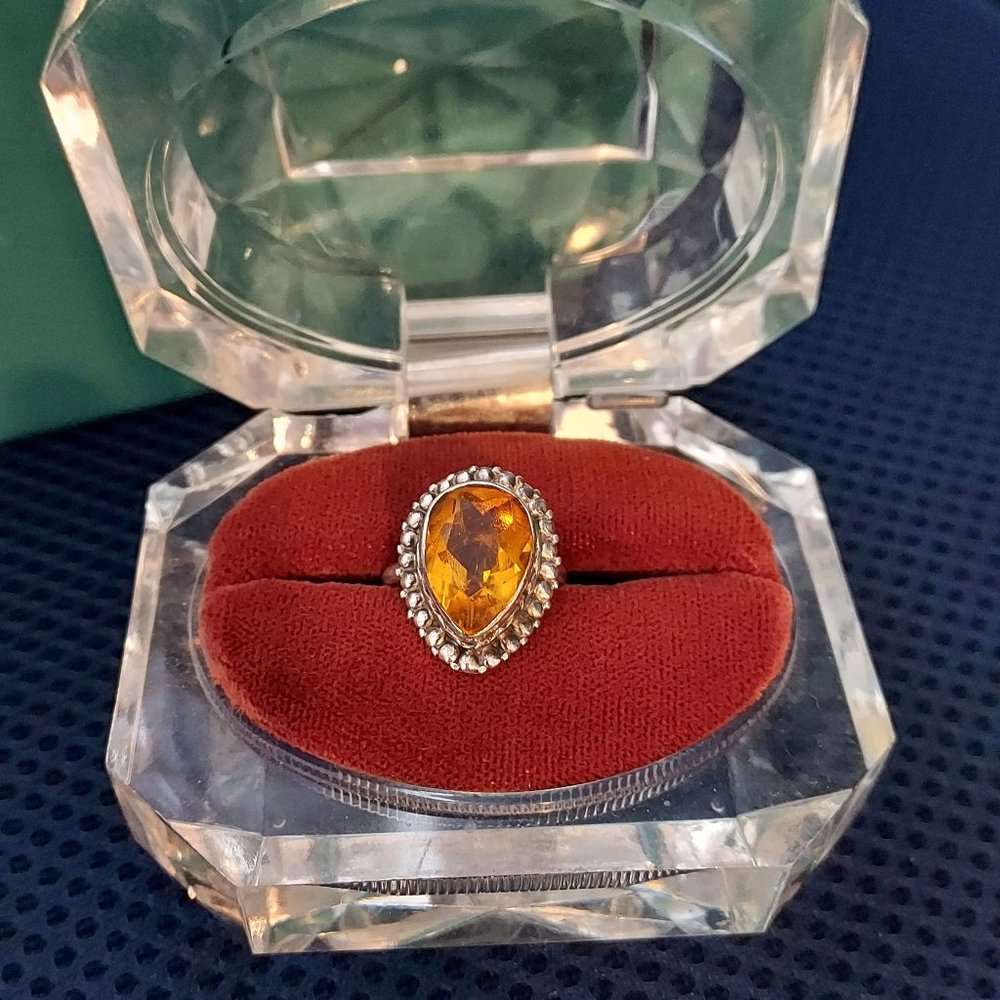 Size 6.5 Sterling Silver Teardrop Orange Stone Ring .925 Beautiful Cut